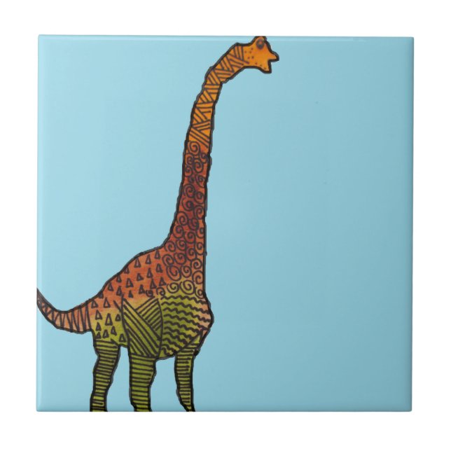 Cute blue kids brachiosaurus dinosaur art ceramic tile (Front)