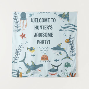 Cute Blue Kid's Shark Birthday Welcome Tapestry