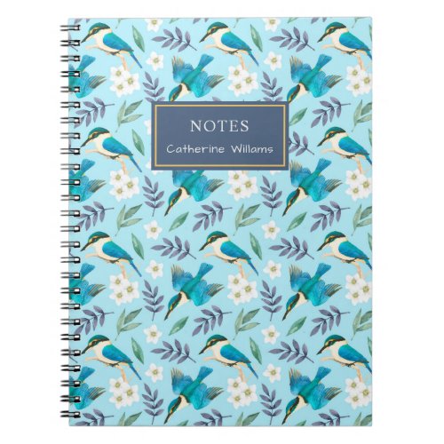 Cute Blue Kingfisher Birds Floral Pattern Name Notebook