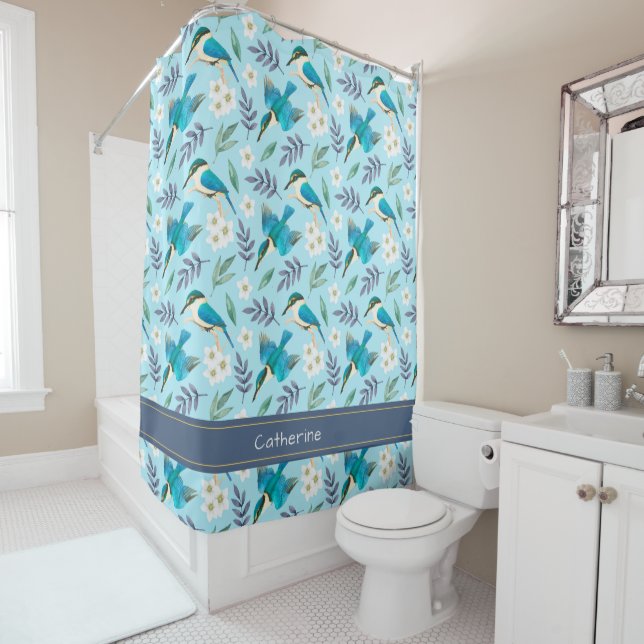 Cute Blue Kingfisher Birds Floral Pattern Name Shower Curtain (In Situ)
