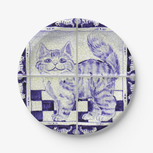 Cute Blue Kitten Cat Tile Mural Delft Antique Look Paper Plates