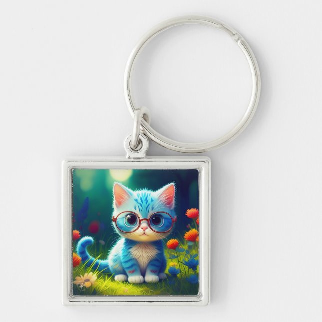 Cute Blue Kitten Wearing Glasses-47067 Keychain (Front)