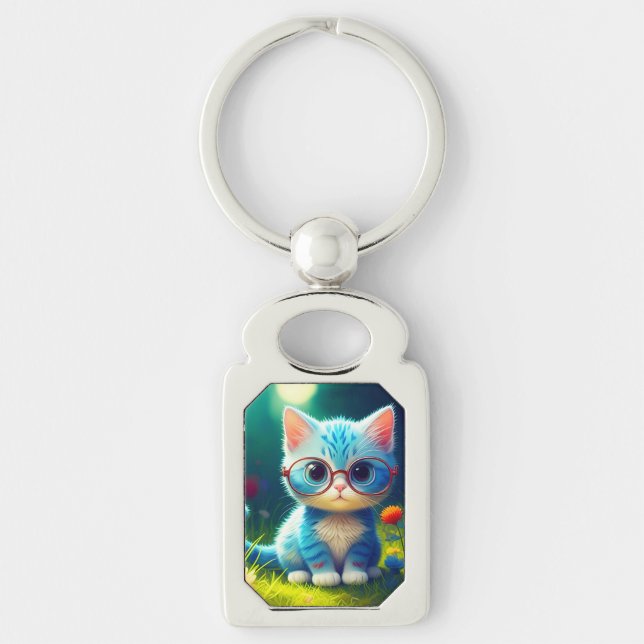 Cute Blue Kitten Wearing Glasses-47067 Keychain (Front)