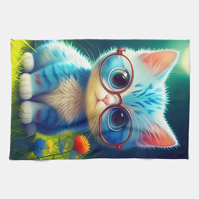 Cute Blue Kitten Wearing Glasses-47067 Kitchen Towel (Horizontal)