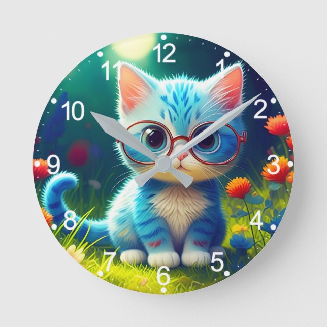 Cute Blue Kitten Wearing Glasses-47067 Round Clock (Front)