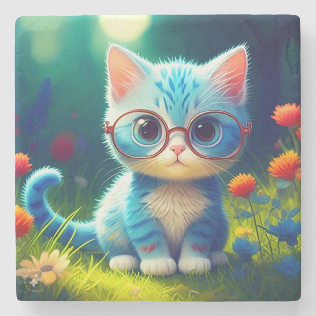 Cute Blue Kitten Wearing Glasses-47067 Stone Coaster (Front)