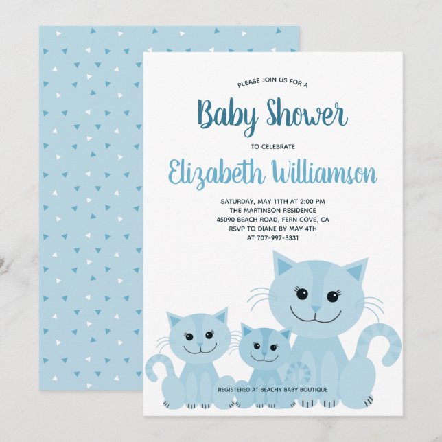 Cute Blue Kitty Cat Kitten Boy Modern Baby Shower Invitation (Front/Back)