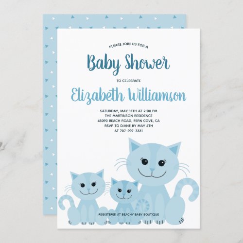 Cute Blue Kitty Cat Kitten Boy Modern Baby Shower Invitation