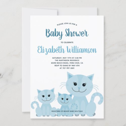 Cute Blue Kitty Cat Kitten Boy Modern Baby Shower Invitation