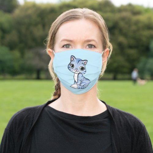 Cute blue kitty cat on light blue adult cloth face mask