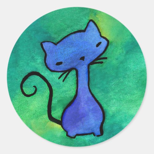 Cute blue kitty on green background stickers