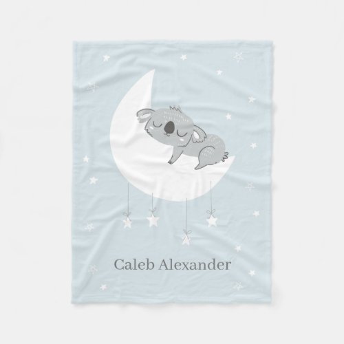 Cute Blue Koala sleeping on a Moon Baby Blanket