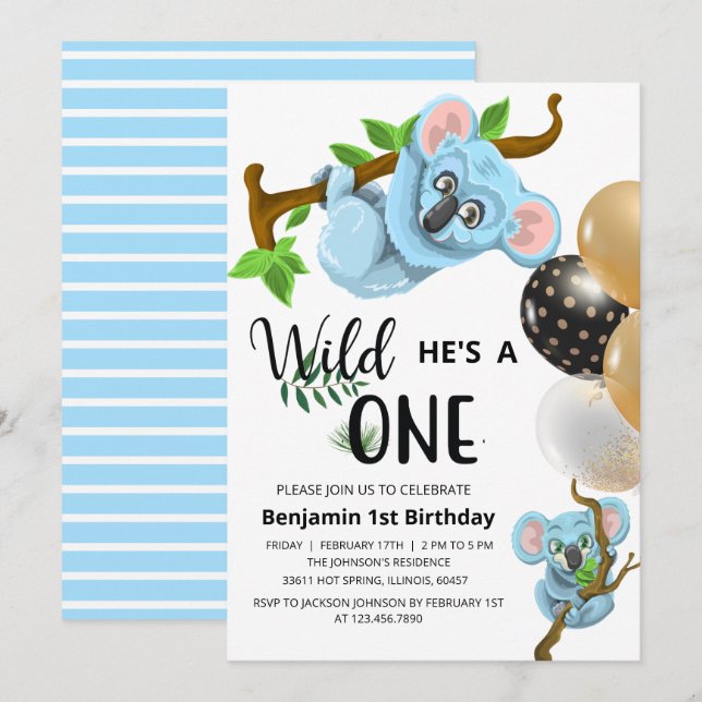 Cute Blue Koala Wild One Boy First Birthday Party  Invitation (Front/Back)