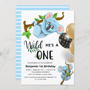 Cute Blue Koala Wild One Boy First Birthday Party Invitation