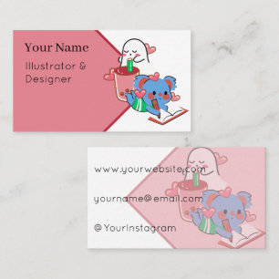 Cute Blue Koala Writing & Boba Tea Sleeping Ghost Business Card