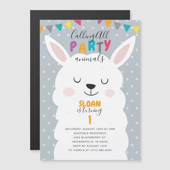 Cute Blue Lama Fun Fiesta Birthday Party Magnetic Invitation (Front/Back)
