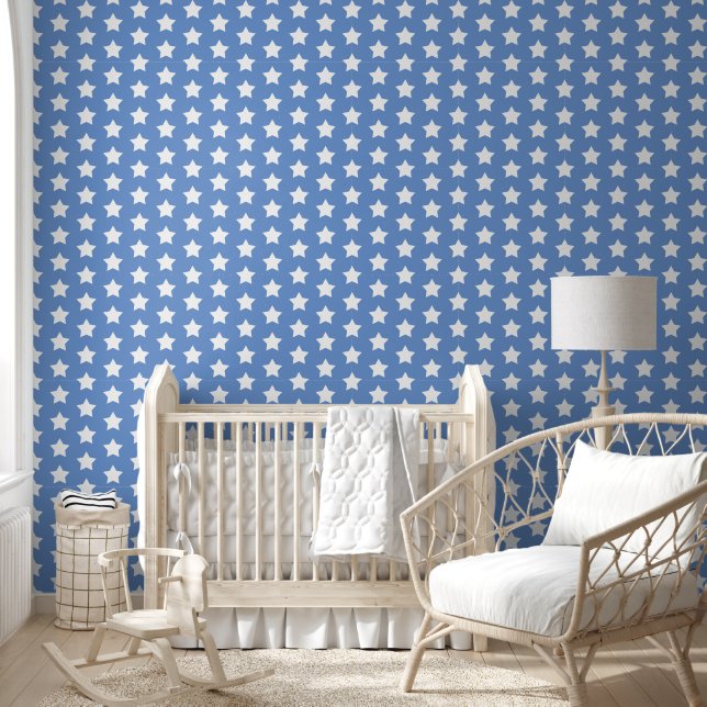 Cute Blue Large Star Repeat Pattern Wallpaper (Kids)
