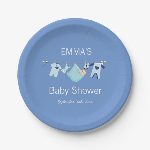 Cute Blue Laundry Clothesline Boy Baby Shower Paper Plates