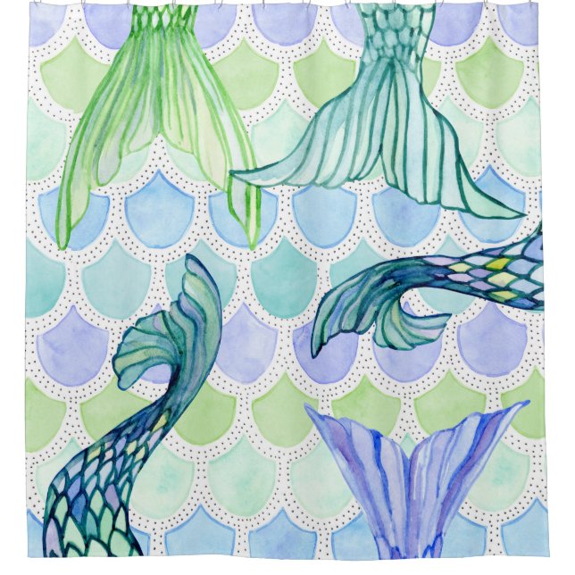 Cute Blue Lavender Mermaid Tails Fun Beach Decor Shower Curtain (Front)