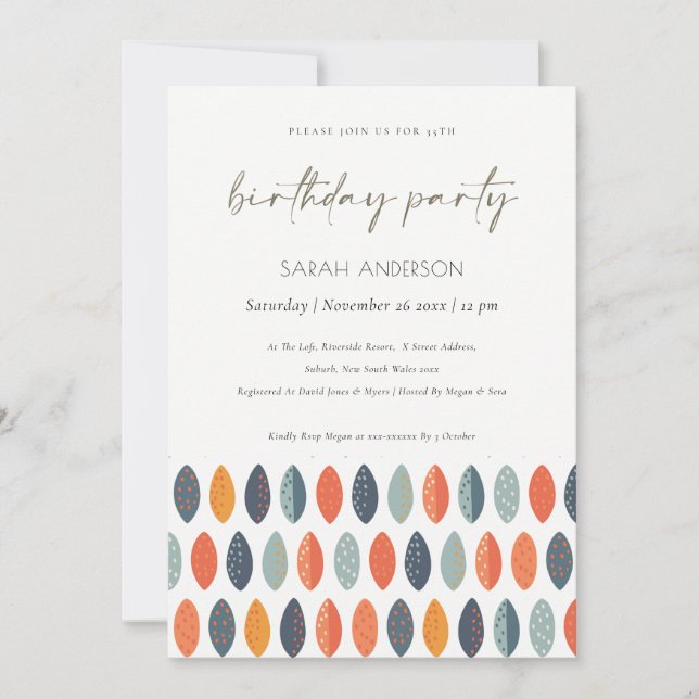 Cute Blue Leafy Botanical Any Age Birthday Invite (Front)