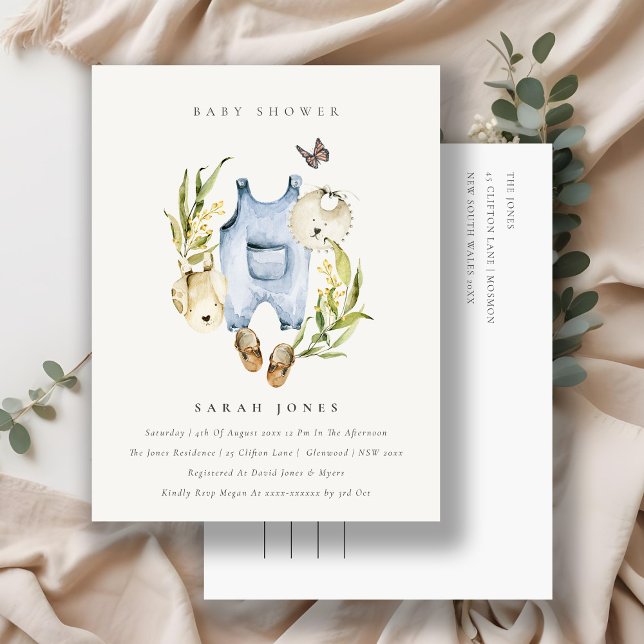 Cute Blue Leafy Foliage Baby Clothes Baby Shower Postcard (Creator Uploaded)