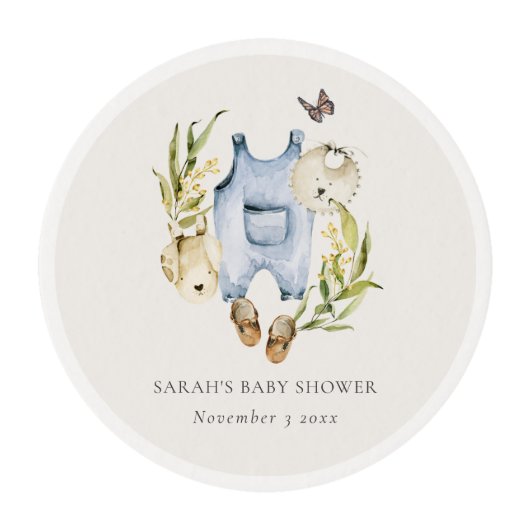 Cute Blue Leafy Foliage Boy Clothes Baby Shower Edible Frosting Rounds (Front)