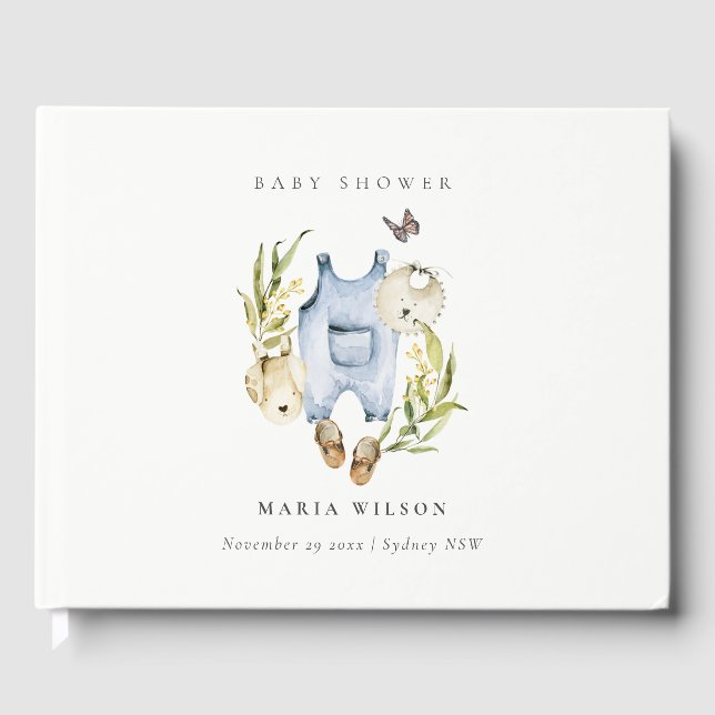 Cute Blue Leafy Foliage Boy Clothes Baby Shower Guest Book (Front)