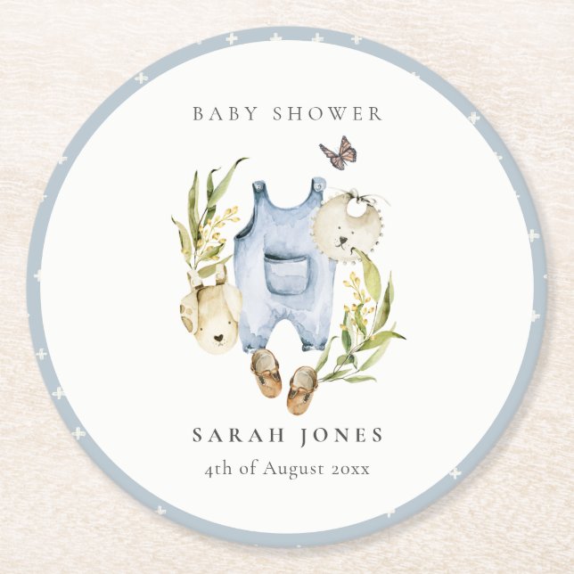 Cute Blue Leafy Foliage Boy Clothes Baby Shower Round Paper Coaster (Front)