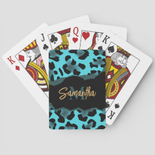Cute Blue Leopard Print Poker Cards