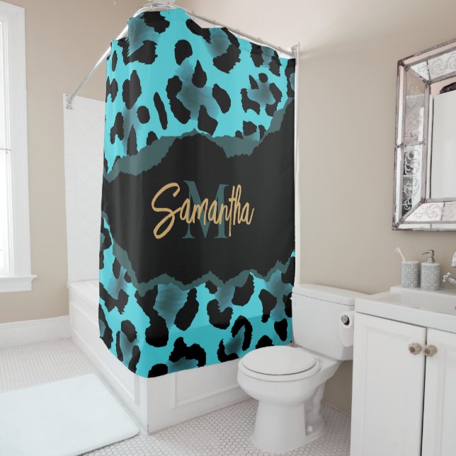Cute Blue Leopard Print Shower Curtain (In Situ)