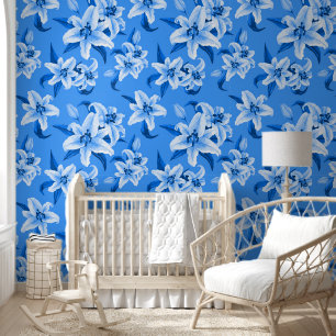 Cute Blue Lily Flower Pattern Wallpaper