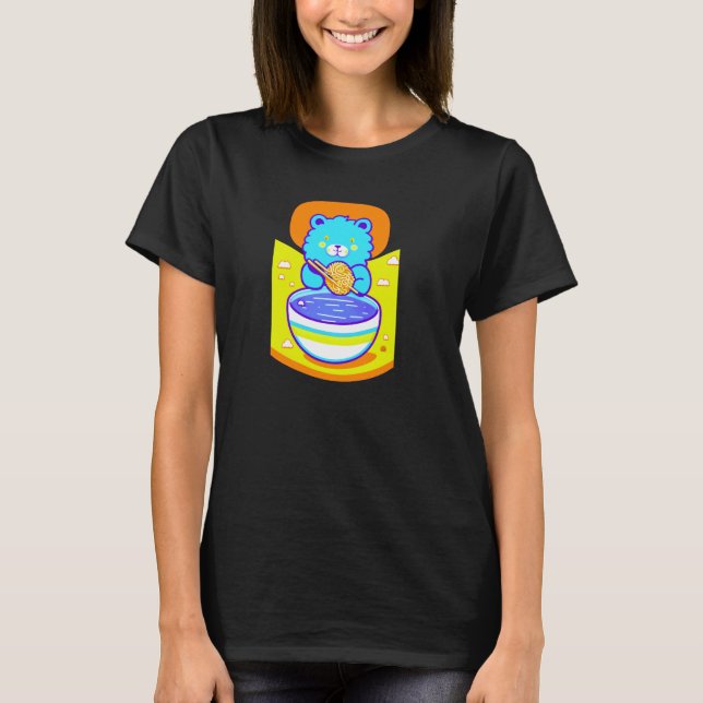 Cute Blue Lion Enjoying Ramen Noodles  T-Shirt (Front)