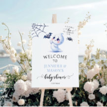 Cute Blue Little Boo Baby Boy Shower Welcome Sign