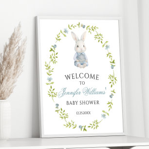 Cute Blue Little Bunny Baby Boy Shower Welcome Poster