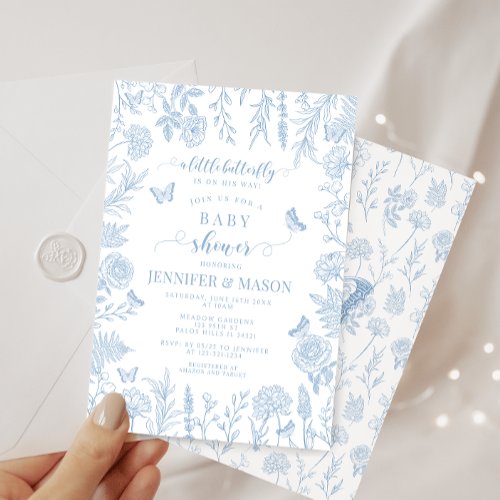 Cute blue little butterfly baby boy shower invitation