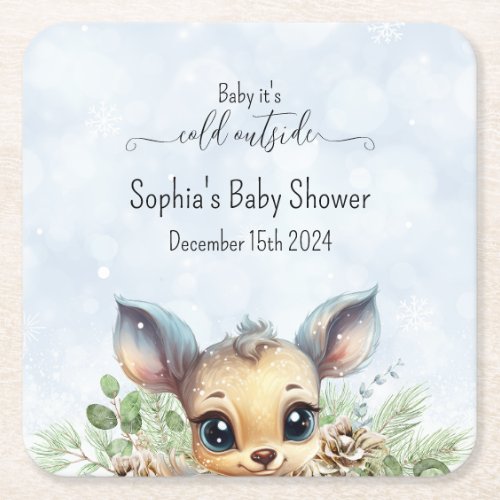 Cute Blue Little Deer Winter Baby Shower Square Paper Coaster
