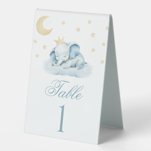 Cute Blue Little Elephant Baby Shower Table Number Table Tent (Front)