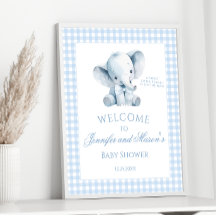 Cute Blue Little Elephant Gingham Baby Boy Shower