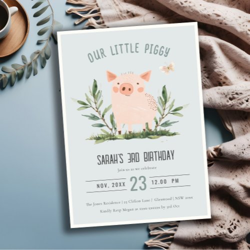 Cute Blue Little Farm Pig Butterfly Kids Birthday Invitation
