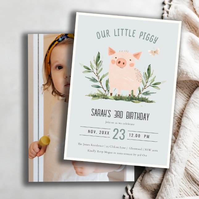 Cute Blue Little Pig Kids Farm Pig Photo Birthday Invitation (Creator Uploaded)