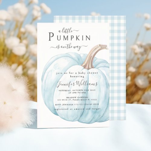 Cute Blue Little Pumpkin Baby Boy Shower Invitation