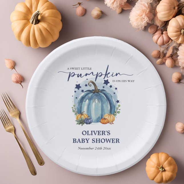 Cute Blue Little Pumpkin Baby Boy Shower   Paper Plates (Creator Uploaded)