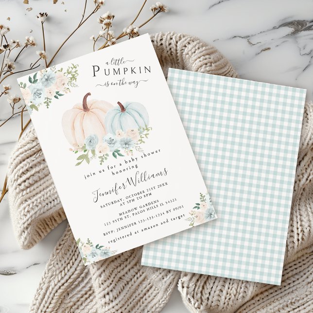Cute Blue Little Pumpkin Floral Baby Boy Shower Invitation (Creator Uploaded)