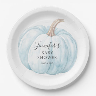 Cute blue little pumpkin themed baby boy shower paper plates
