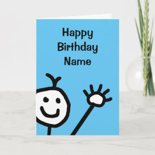 Cute Blue Little Smiling Face Waving Birthday Card