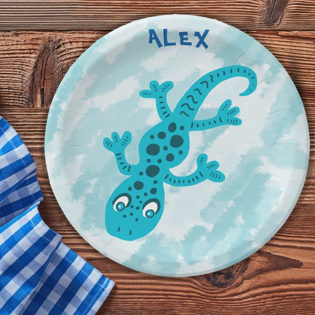 Cute Blue Lizard Gecko Birthday Name Paper Plates (Creator Uploaded)