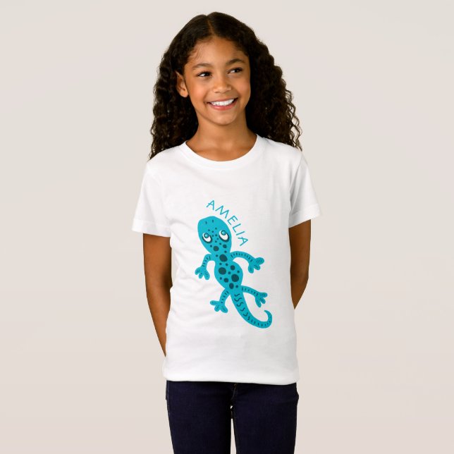 Cute Blue Lizard Gecko Kids Name T-Shirt (Front Full)