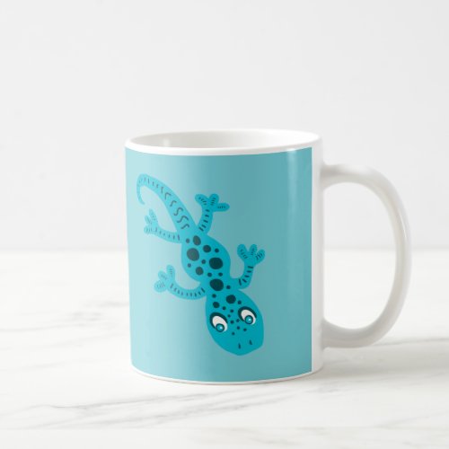 Cute Blue Lizard Gecko Mug for Kids - Cute mug with gecko lizard. The gecko is blue and has dark spots. The background is bright blue. Great for kids who love geckos and animals.