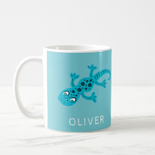 Cute Blue Lizard Gecko Name Mug for Kids - Cute Blue Lizard Gecko Name Mug for Kids. The gecko is blue and has dark spots. The background is bright blue. Personalize with your name. Great for kids who love geckos and animals.
