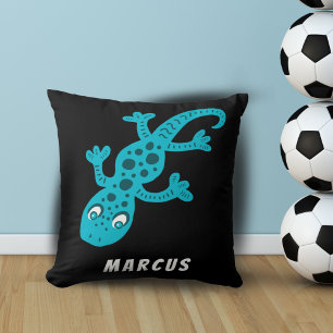 Cute Blue Lizard Gecko on Black Name Throw Pillow